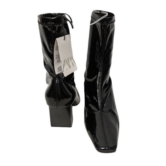 NWT ZARA Patent Angled Heel Stretch Sock Ankle Boots 38 - Picture 3 of 7